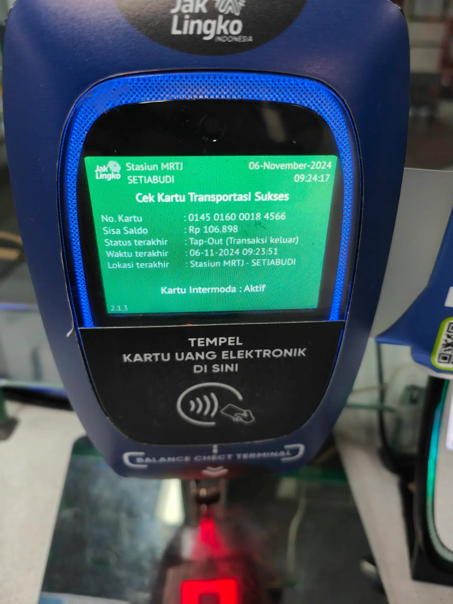 Example of the message that appears when a Tarif Integrasi-eligible card is tapped into the Balance Check Terminal (BCT).